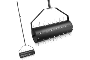 Ricyea Aérateur de pelouse, manuel, aérateur de pelouse, rouleau de gazon avec 39 clous (6 cm) et manche, scarificateur manuel pour cours, surfaces de pelouse dans le jardin (44 cm x 141 cm/93,5 cm)
