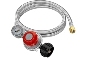 EASYBYMALL Regolatore di propano regolabile ad alta pressione, 0-30 psi, con manometro, in acciaio inox, per tubo intrecciato e griglia a gas, regolatore LP per cucinare (1,5 m)