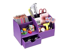 BTSKY Organiseur de bureau multifonction en cuir synthétique pour cartes de visite, stylo, téléphone portable, télécommande, boîte de rangement (violet)