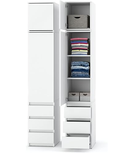 ELVA Kleiderschrank 40 cm breit – Modularer Mehrzweckschrank Weiß – Grifflos Design Hochschrank mit Schubladen & Türen – Schmaler Vorratsschrank für Schlafzimmer, Flur & Büro (Arktisches Weiß) Küche, Haushalt & Wohnen