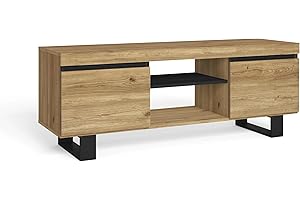 Skraut Home | Mueble de TV | Modelo Naturale con Patas | 2 Puertas y Hueco Central | Salon | Sala de Estar | Comedor | Color Roble/Negro | nórdico | Medidas 140 x 40 x 53 cm
