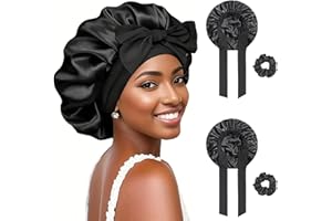 FOLAI 2 Stück Schlafmütze Satin Bonnet Nacht Schlaf Mütze Verstellbare Schlafkappe Kopfbedeckung Weiche Kopfhaube Schlafhaube Seide mit Gummizug für Damen und Mädchen(Schwarz + Schwarz)…