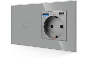 JIMEIDA Toma USB con interruptor de luz en color gris, Toma Schuko de empotrar 3 en 1 cristal 16A con 1 cargador USB y 1 puerto Tipo C, interruptor de pared táctil de 1 vía 1 pin con LED de estado