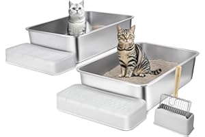 VEVOR Bac à Litière pour Chat Profondeur 150 mm Lot de 2, Extra Large Acier Inox avec Pelle, Repose-pied Filtrant, Côtés Hauts, sans Odeur, Facile à Nettoyer, Coussins Antidérapants, pour Grands Chats