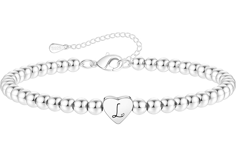 Crownette S925 Silver Bead Bracelet for Women Adjustable Heart Initial Letter Bracelet Birthday Jewellery Gift