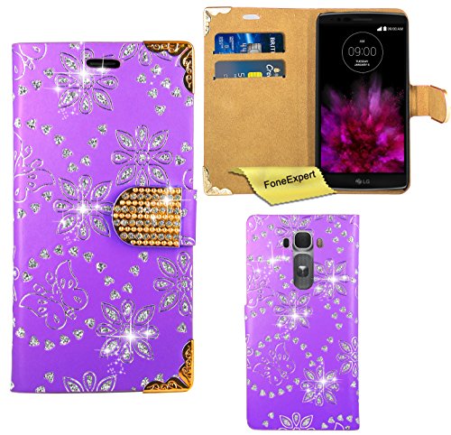 LG G Flex Case, FoneExpert® Bling Luxury Diamond Leather Wallet Book Case  Cover For LG G Flex (2015) Screen Protector Cloth (Purple) - Main Image