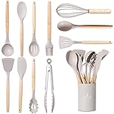 BASVII 12 Pieces Silicone Kitchen Utensils Set, Made of Silicone and Wooden Handles, Heat Resistant Non-Stick, Kitchen Utensi
