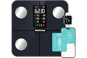 Healthkeep Waage Personen mit Körperfett und Muskelmasse - Körperfettwaage mit Display Personenwaage mit 15 Körperdaten Messwerten(Herzfrequenz, BMI), Digital Testsieger mit APP für iOS und Android