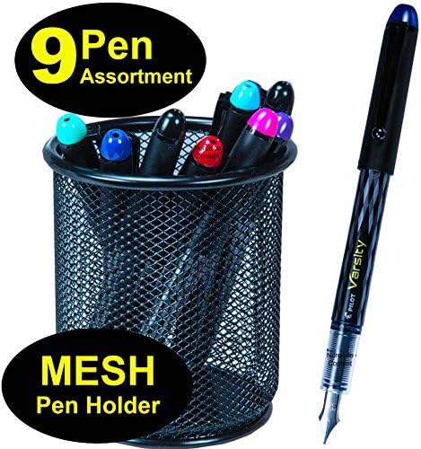 Pilot Varsity Disposable Fountain Pens, 9 Pen Assortment in Mesh Pencil Cup by Varsity
