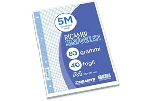 Blasetti Ersatzblätter verstärkt - Packung mit 40 quadratischen Blättern A4, liniert 4M (4mm), Ersatzblätter für Ringbücher und Mappen, 80gr nachfüllbare Papierblätter