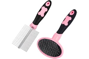 tonyg-p Dog Grooming Brush Comb Kit, Soft Slicker Brush + Double Sided Grooming Comb for Small Medium Large Pets with Long Hair (Pink)