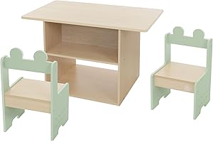 Joyz Set di Sedute per Bambini con Tavolo e 2 Sedie Beige-Verde Set di Tavolo per Bambini da 3 Pezzi in Legno Set di Mobili per Bambini con Spazio di Archiviazione Tavolo da Pittura Scrivania