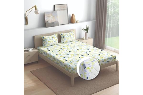 Wakefit Cotton Fitted Bedsheet 160 TC Elastic Fitted Sheet, Queen Bed Bedsheet With 2 Pillow Geometric Covers Maze - 78X60 Inches, Yellow