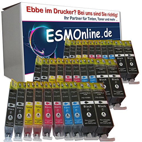 30 Druckerpatronen für Canon Pixma MP540 MP540X MP550 MP560 MP620 MP620B MP630 MP640 MP980 MX860 MX870 ip3600 ip4600 ip4700 MP 540 550 560 620 630 640 980 ip 3600 3700 4700 mx 860 870 KOMPATIBEL Patronen mit Chip Kompatibel zu Canon PGI-520BK CLI-521BK CLI-521C CLI-521M CLI-521Y (mit Füllstandsanzeige / Füllmenge schwarz dick 20ml Füllmenge je Photoschwarz / Blau / Rot / Gelb 10,5ml / sie bekommen 6 x PGI-520BK 6 x CLI-521BK 6 x Cli-521C 6 x CLI-521M 6 x CLI-521Y)