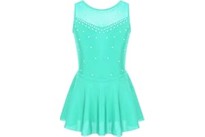 CHICTRY Abito da Pattinaggio Artistico Bambina Canotta Body con Rete Strass Glitter Smanicato Gonna in Chiffon Leggero Vestito da Skater Ballo