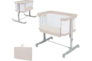 DREAMADE 3 en 1 Lit Cododo Bébé avec Matelas Lit Berceau Nouveau-né Pliant à Hauteur Réglable,Inclinaison 10°,Roues Universelles avec Frein Charge 9 KG 0-6 Mois(Beige)