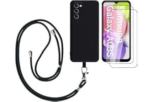 DEVASO Cuerda Funda para Samsung Galaxy A03S con Correa Collar Silicona TPU Carcasa con Parche Ajustable Móvil Cuello Cordón Anti Arañazos Case con 2 Cristal Templado - Negro