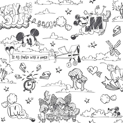 Galerie Official Disney Mickey Mouse Muster Bleistift Cartoon Kinder Tapete - schwarz weiß MK3014-1
