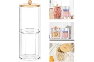 DOUSELLA Distributeur Coton Tige Boîte à Coton Tige avec Couvercles Support de Coton-Tige Transparent Rangement Coton Tige Acrylique Porte Coton Tige en Bois pour Boules de Coton, Pinces à Cheveux