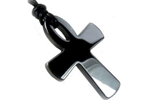BLACK MOON Large Black Hematite Ankh Egyptian Cross Cotton Necklace - Adjustable and Metal Free