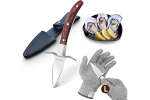 SPEENSUN Austernmesser,Austernmesser Und Handschuh,Austern Set mit Premium-Holzgriff,Edelstahl Austernöffner mit Handschuhe mit Schutzstufe 5 (L) Oyster Messer