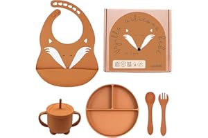 LAUTOKI - Vajilla bebe. Set 6 pcs, Vajilla bebe silicona, Vaso aprendizaje bebe, Vajilla infantil, Libre de BPA, Cuchara bebe aprendizaje, Plato bebe ventosa, Cubiertos bebe, Babero silicona bebe, BLW