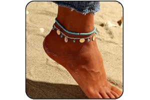 Vakkery Cavigliera bohémien con perline turchesi e ciondolo con paillettes dorate, braccialetti elastici da spiaggia, gioielli per donne e ragazze, 22 centimeters, /