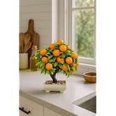 Dekoratif Yapay Mandalina Bonsai Ağacı, Beyaz Seramik Saksılı, Turuncu Meyveli ve Yeşil Yapraklı