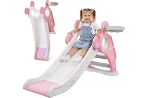 ‎YOLEO YOLEO Rutsche, Kinder Fun-Slide mit Basketballkorb, Faltbar Kinderrutsche, Gartenrutsche Kleinkinderrutsche für 1-3 Jahre, Indoor & Outdoor Rutschbahn mit Rutschauslauf (Rosa)
