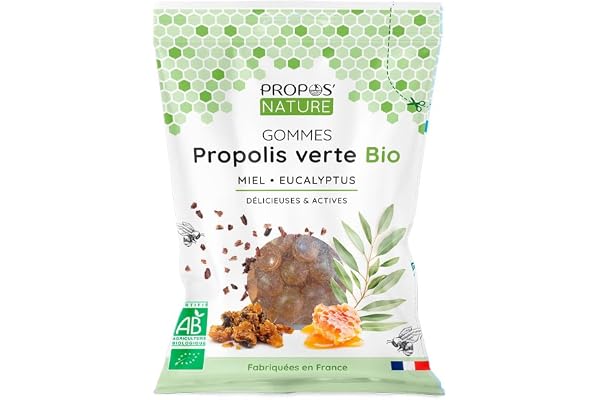Gommes de Propolis Verte Bio - Miel & Eucalyptus - 45g - Maux de gorge - Certifié Agriculture biologique - Fabrication Française - Huile essentielle d'Eucalyptus Bio - PROPOS'NATURE