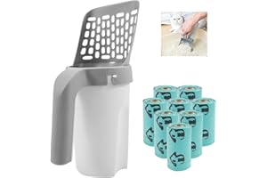 Taipintee Katzenklo Schaufel 2 in 1, Streuschaufel mit Behälter, Schmutzfreie Katzenstreuschaufel mit 8 Rollen Abfallsäcken, für Katzenstreu Klumpstreu (Weiß und grau)