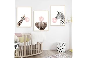 GENERIC 3 Laminas Animales Chicle Rosa Jirafa Elefante Cebra Cuadros Decoracion Pared Dormitorio Niño 30x40 Poster Habitacion Infantil Colores Impresiones en Lienzo Bebe Regalo SIN MARCO