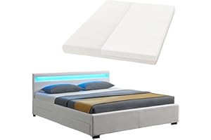 ‎JUSKYS Juskys Polsterbett Lyon 140x200 cm mit Matratze, Bettkasten, LED Beleuchtung, Lattenrost & Kopfteil, weiß, Bett Bettgestell Jugendbett Einzelbett