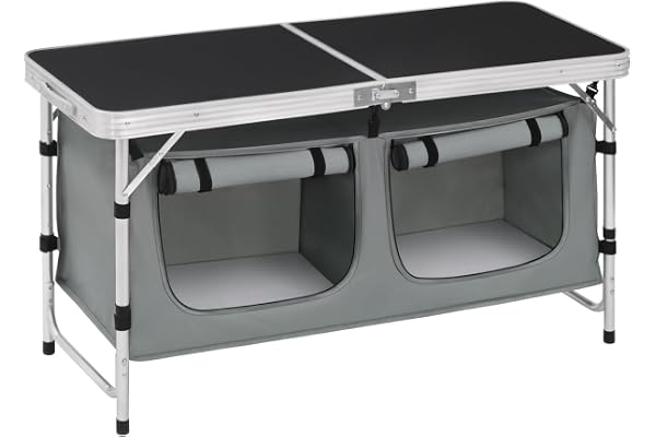 WOLTU Table de Pique Nique Pliante avec Compartiments de Rangement, Table de Jardin Portable et Réglable en Hauteur, pour 4 à 6 Personnes, en Aluminium, Noir +Gris