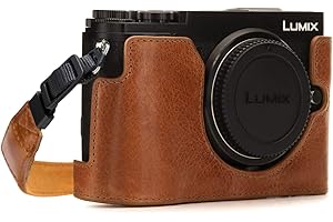 MegaGear MG1443 Panasonic Lumix DC-GX9 Ever Ready Półtorba na aparat z prawdziwej skóry z paskiem do noszenia - jasnobrązowa