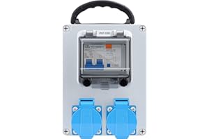 KEAGAR Baustromverteiler, Stromverteiler mit FI Schalter, Wandverteiler 2 X 16A, 250V 2P, 2 AC Schuko Stecker, Gehäuse IP67 / Steckdose IP44 Wasserdicht für Bauwesen, Industriell, Draußen