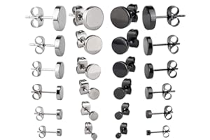 CHUDIAN 12 Pairs Ear Studs Earrings, 3mm-8mm Round Stud Earrings Stainless Steel Studs Earrings Ear Studs Unisex Earring Plug Ear Studs for Men Women (Black, Silver)