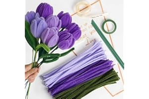 HANCHENG Tulip Pipe Cleaner Set With 150 Pipe Cleaners Colorful in 3 Colors（Medium Violet,Light Violet,Green),8 Pcs Florist Wire,Florist Tape,Craft Glue,Flower Cellophane Bag,Ribbon