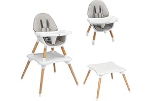 DREAMADE 2 en 1 Chaise Haute Evolutive Bébé 6-36 Mois,Chaise Haute Convertible 62x62x100CM en Bois avec Coussin Amovible Ceinture de Sécurité à 5 Points, et Plateau Détachable (Gris)