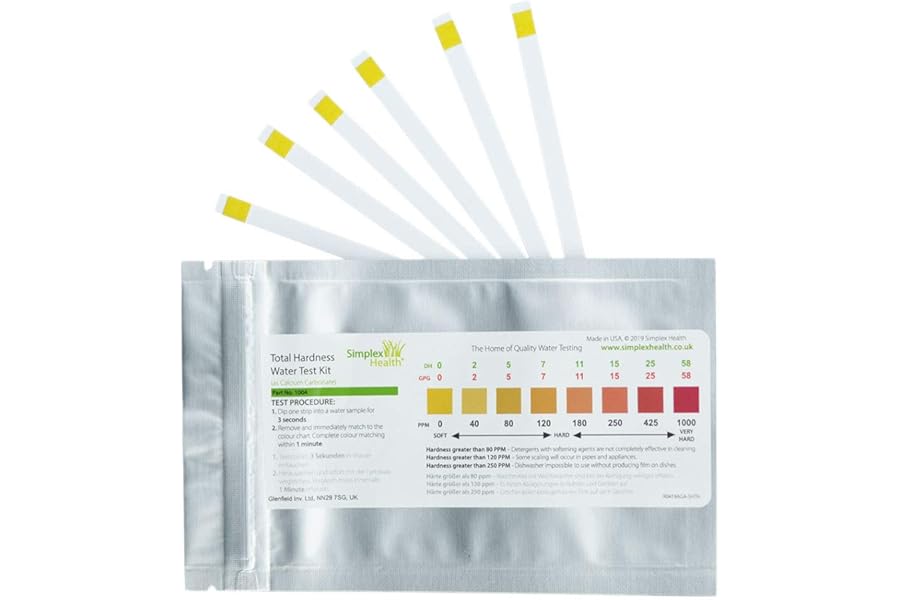 SimplexHealth Total Hardness Water Test Strips (10 Strips) - 3 Second Testing - 0–1000ppm Test Range - Fast & Accurate