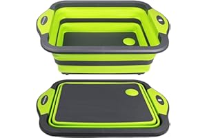 NEWOSTER Collapsible Cutting Board - Multifunction Chopping Board, Basin Drainer & Washing Bowl Dish Tub Draining Plug Kitchen Scissors Portable Drain Basket for Camping, Picnic, BBQ (Green)