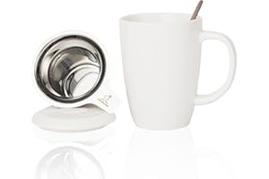 Candiicap Tazza da Tè in Ceramica con Infusore, Cucchiaio e Coperchio, 385ml, Tazza con Filtro da Tè Grande per Tè, Caffè, Latte-Adatto al Microonde e alla Lavastoviglie (385ml,Bianco Opaco)