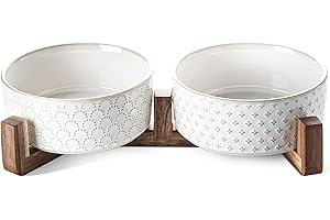 LE TAUCI Ceramiczne miski dla psów, zestaw misek ze stojakiem z drewna akacjowego, 3 kubki, karma dla psów i miska na wodę dla małych średnich rozmiarów, ważonych psów, miski dla zwierząt domowych