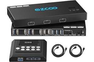 ROFAVEZCO 4K@60Hz HDMI KVM Switch USB 3.0 2 Monitors 2 Computers EDID Emulators,Dual Monitor KVM Switch for 2PC Share 2 Displays and 4 USB 3.0 Ports SPDIF L/R Audio,Copy/Extended Mode,2USB Cable and Controller.
