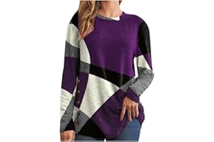 AMhomely Women Tops Blouse Sale, Ladies Vintage Casual Round Neck Buttons Geometric Contrast Color Long Sleeve T-Shirt Top Loose Sweatshirts UK Size for Christmas Jumper Valentine's Day