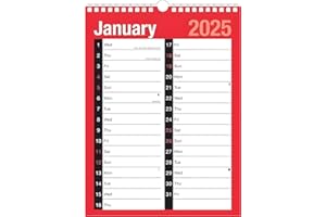 TSA LIMITED 2025 Calendar A4 Large Month to View Spiral Bound Wall Planner Red and Black Calendar for Office School Home Business 1 January 2025 to 31 December 2025