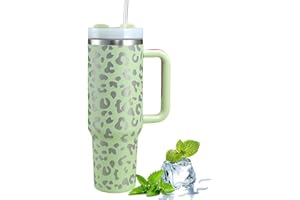 GAWENTINY 40 oz Thermobecher mit Strohhalm und Deckel, Doppelter Vakuumisolierter Kaffeebecher aus Edelstahl mit Henkel, 1182ml Reisebecher mit Strohhalm (Hellgrüner Leopard)