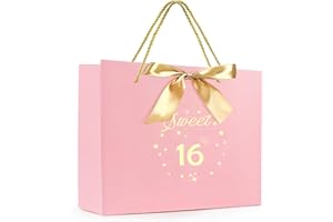YIRAN Pink Sweet 16th Birthday Gift Bag with Greeting Handles and Ribbon for Girls 16 Year Old Birthday Gift Wrapping Bag for Party Favors Goodie Wrapping Bag Decorations Supplies