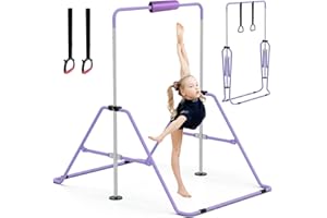GYMMAGE Gymnastics Bars with Bar Pad, Junior Training Kip Bar Gymnastics Equipment for Home Garden, Adjustable Height Gymnastic Folding Horizontal Bar with Gymnastic Rings for Kid Boys Girls