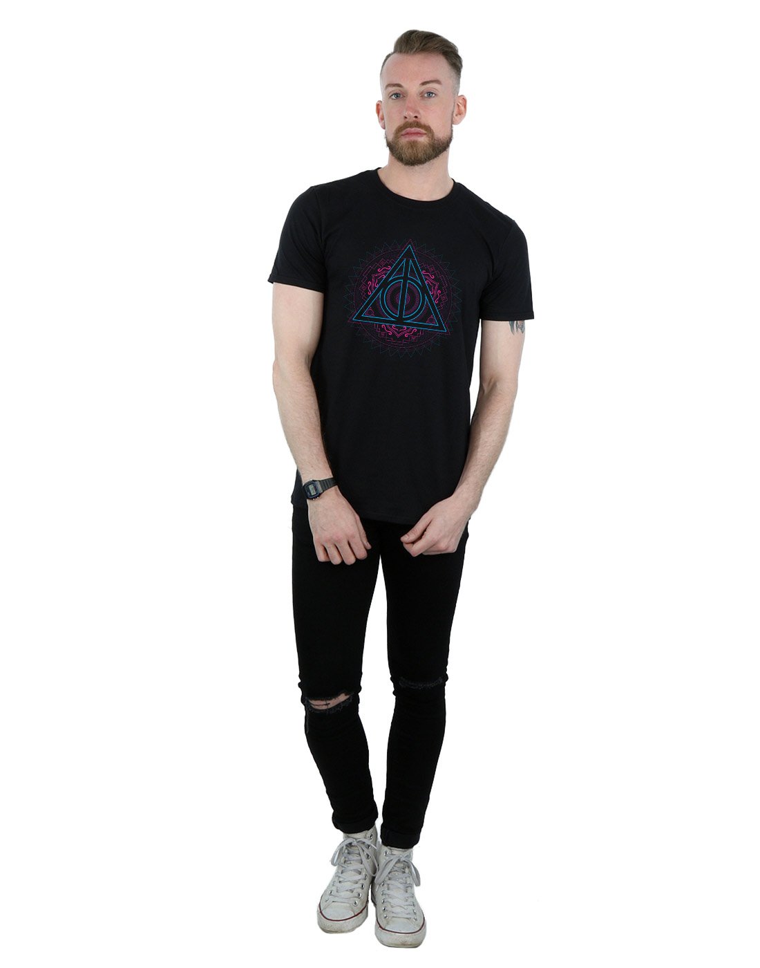 Harry-Potter-Herren-Neon-Deathly-Hallows-T-Shirt